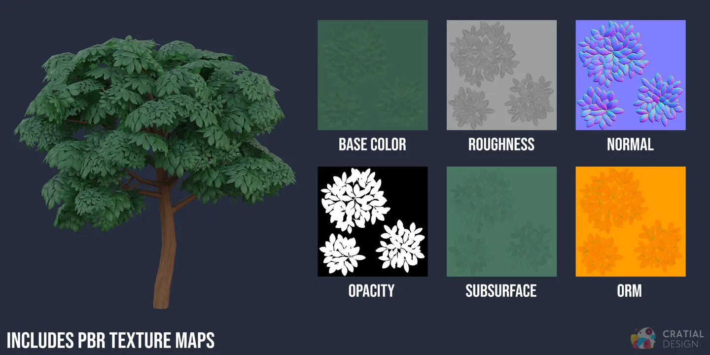 Stylized tree trunk and leaves shown beside labeled texture maps.