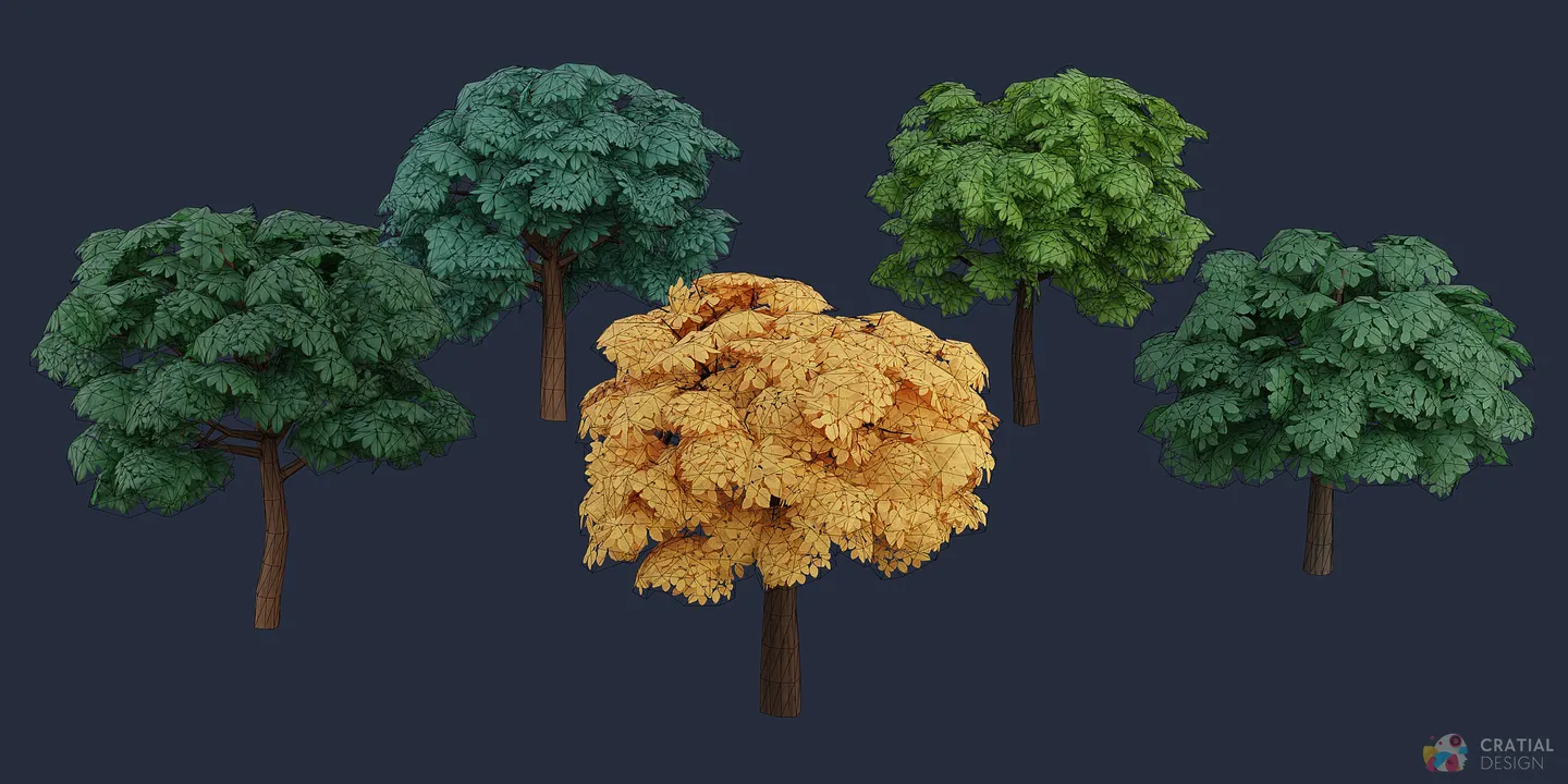 Stylized tree trunk and leaf cards shown with wireframe topology.