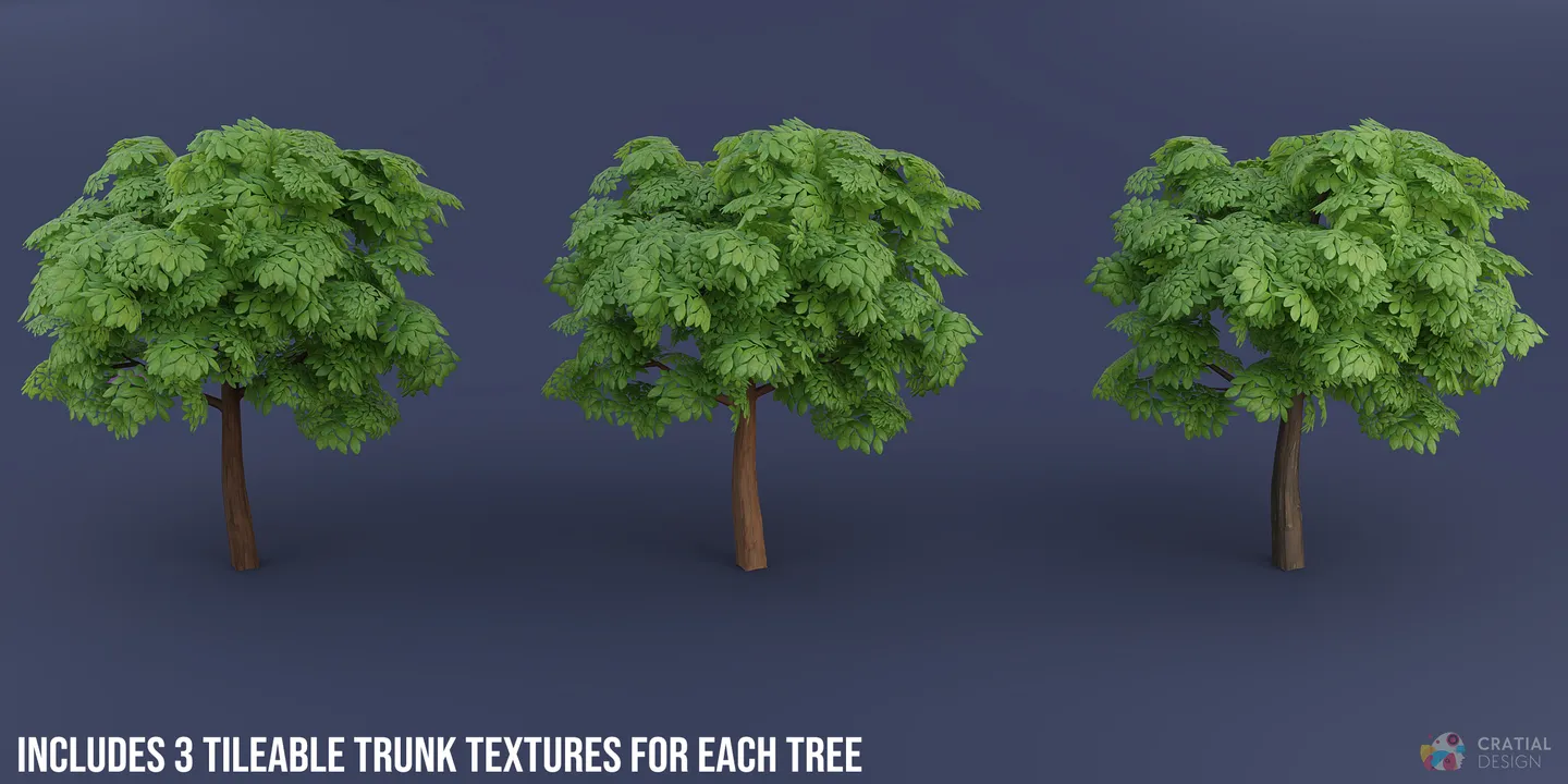Stylized tree trunks shown with alternate hand-painted texture treatments.