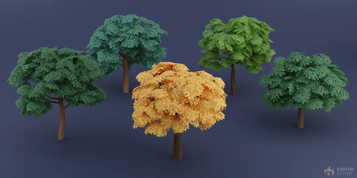 Six stylized tree trunks and leafy canopies arranged together.