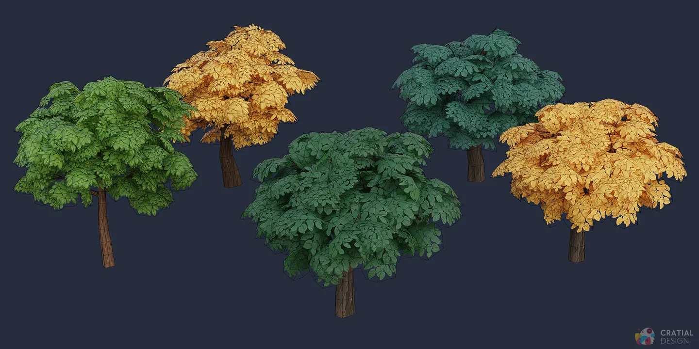 Multiple stylized tree variations shown with wireframe topology overlays.
