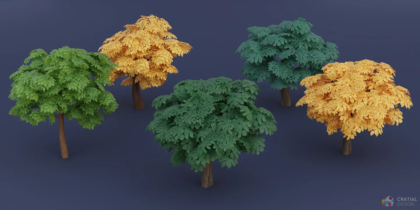 Stylized trees shown with different canopy shapes and trunk colors.