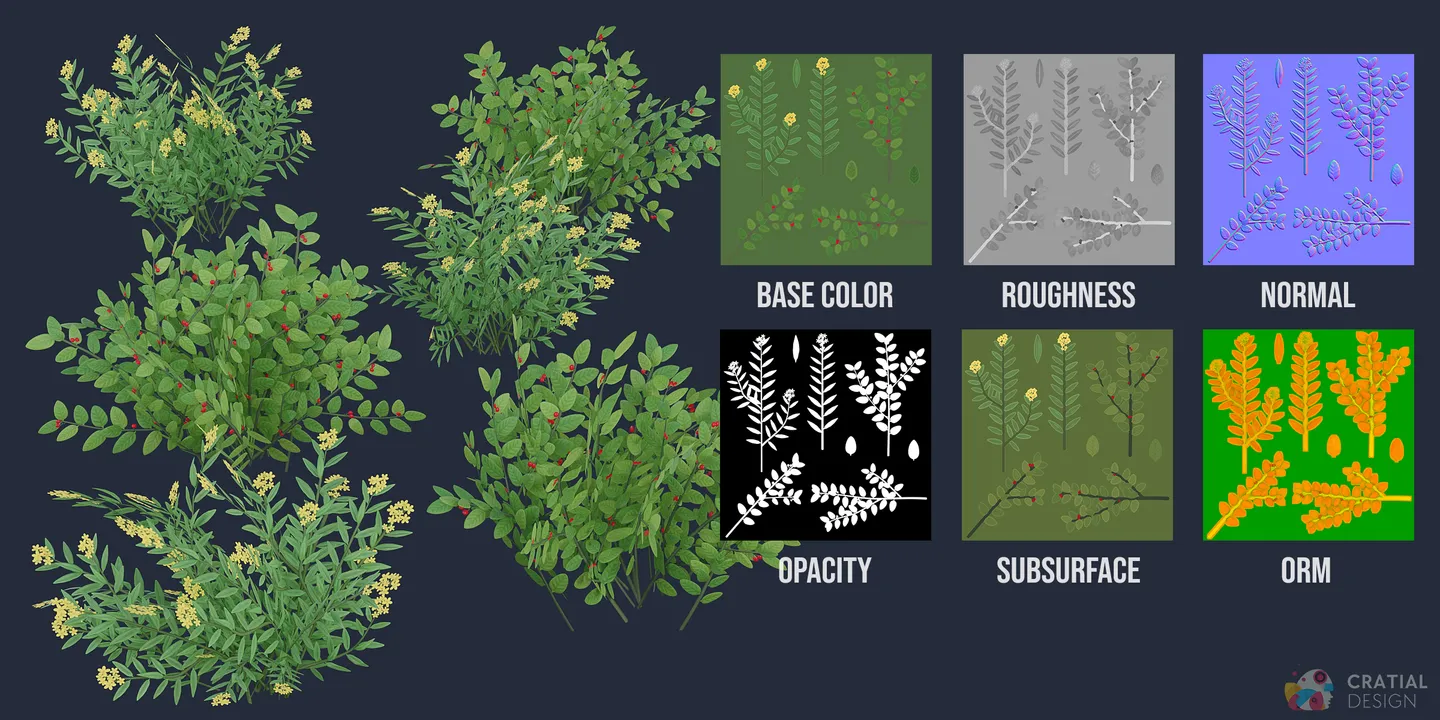 Boreal berry bushes shown beside labeled PBR texture-map examples.