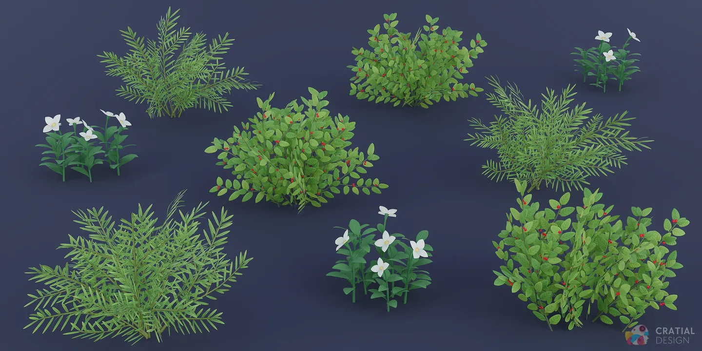Stylized northern shrubs, flowering plants, and wildflowers arranged together.