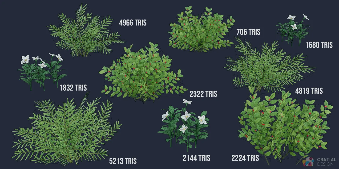 Northern forest shrubs and flowers shown with wireframe topology overlays.