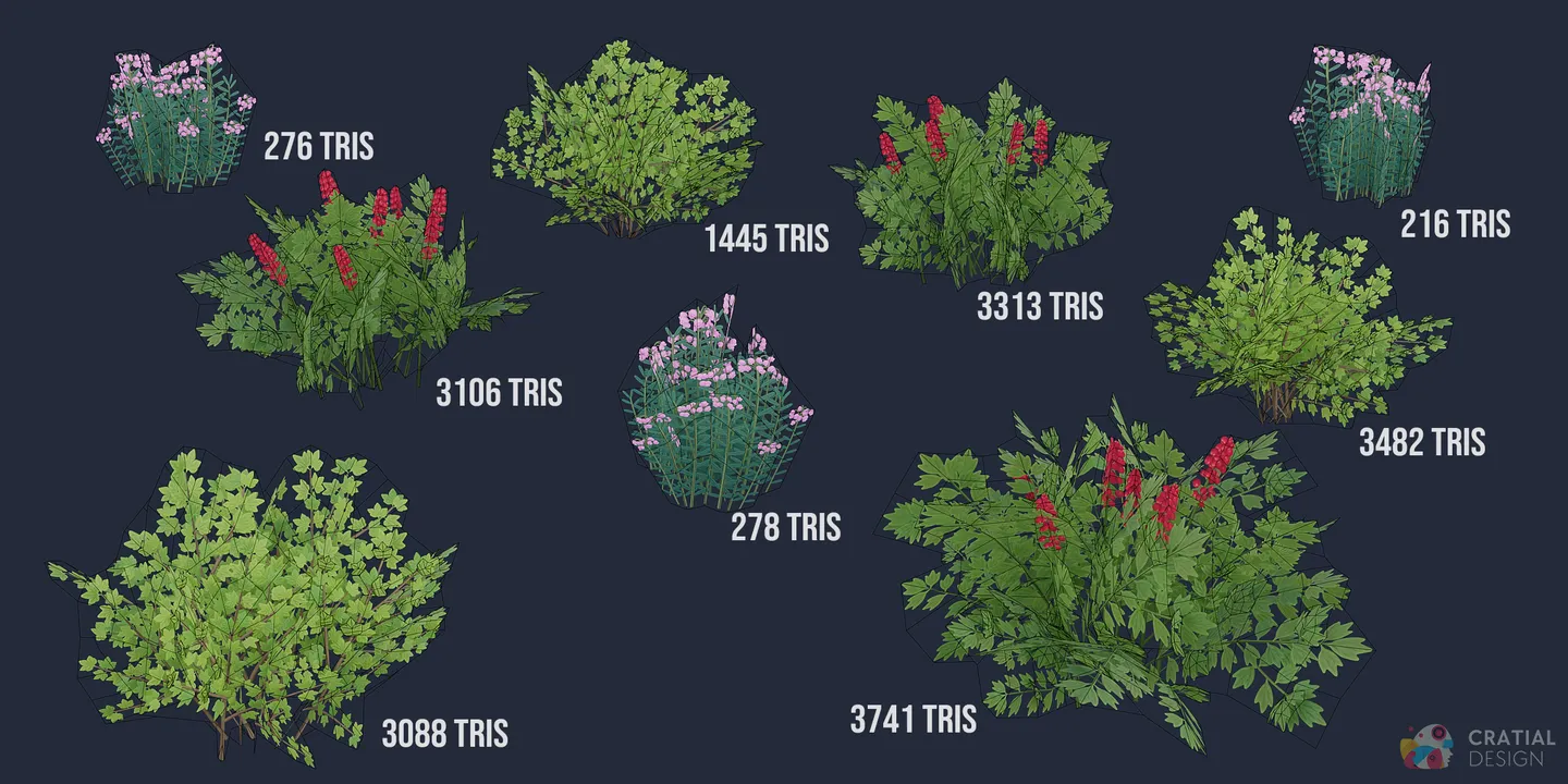 Northern forest flowering shrubs shown with wireframe topology overlays.