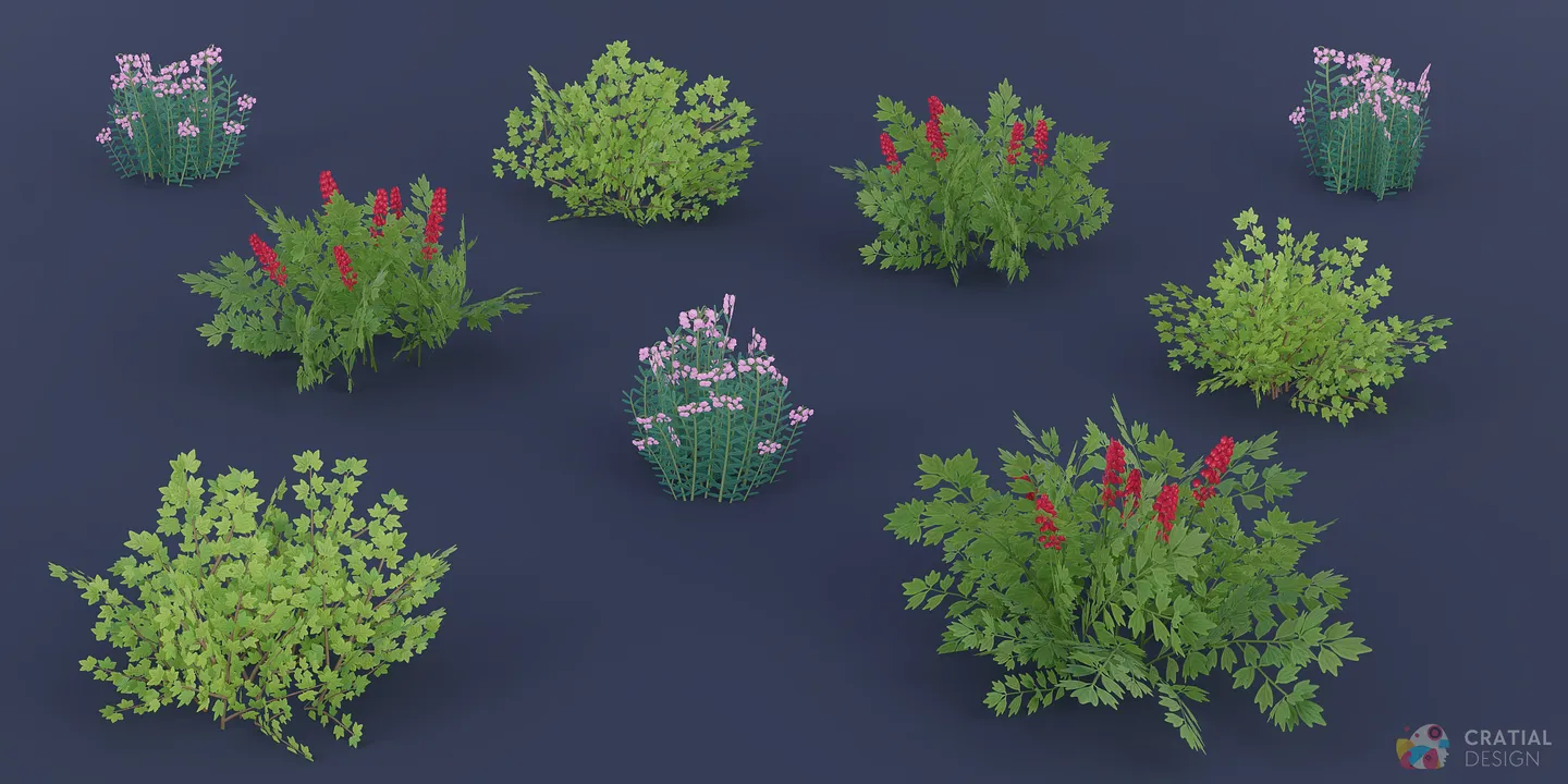 Stylized northern forest shrubs with yellow and red flowers arranged in three variations.