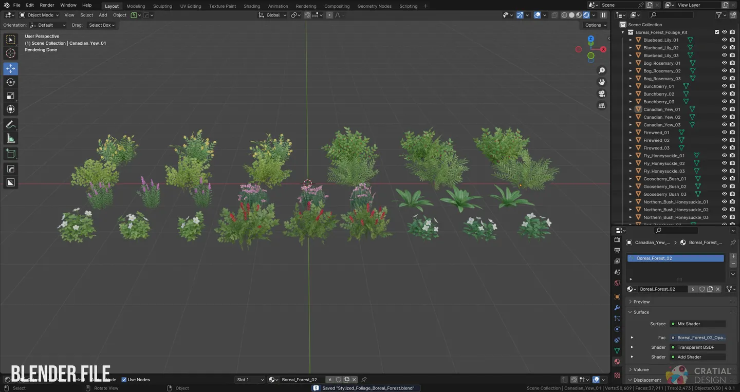 Blender interface showing the complete northern forest foliage collection arranged in the included scene.