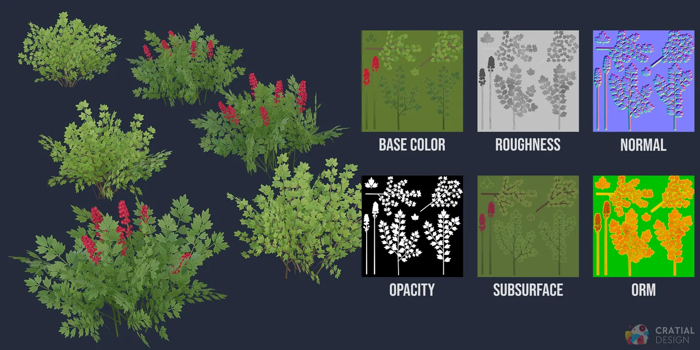 Northern forest shrubs shown beside labeled PBR texture maps.