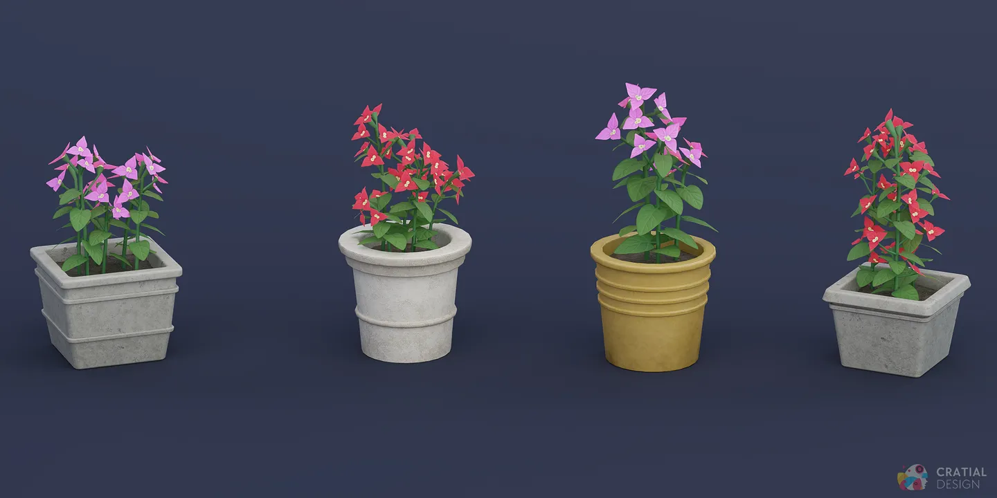 Stylized red, pink, and yellow flowering plants in varied pot designs.