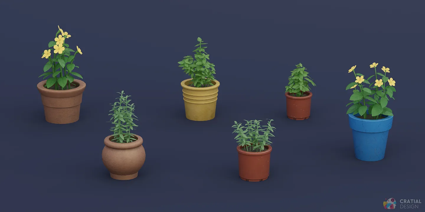 Stylized potted flowers, herbs, and basil plants arranged together.
