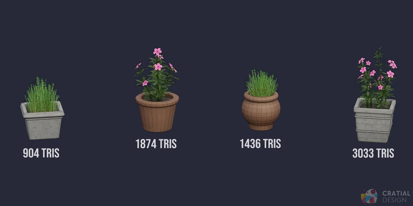 Potted herbs and flowers shown with wireframe topology overlays.