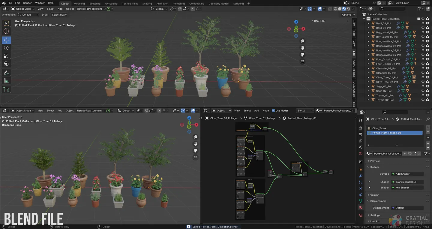 Blender interface showing the complete stylized potted plant collection.