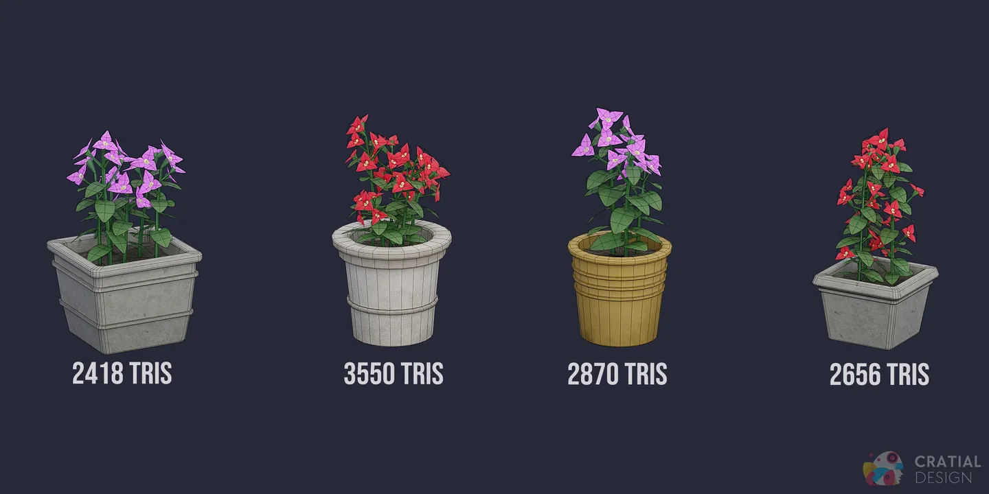 Stylized potted plant models shown with wireframe topology overlays.