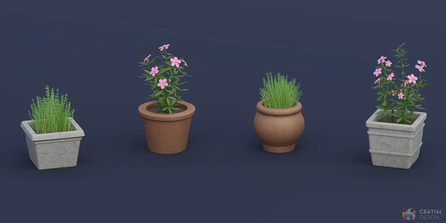 Stylized thyme and flowering plants arranged in decorative pots.