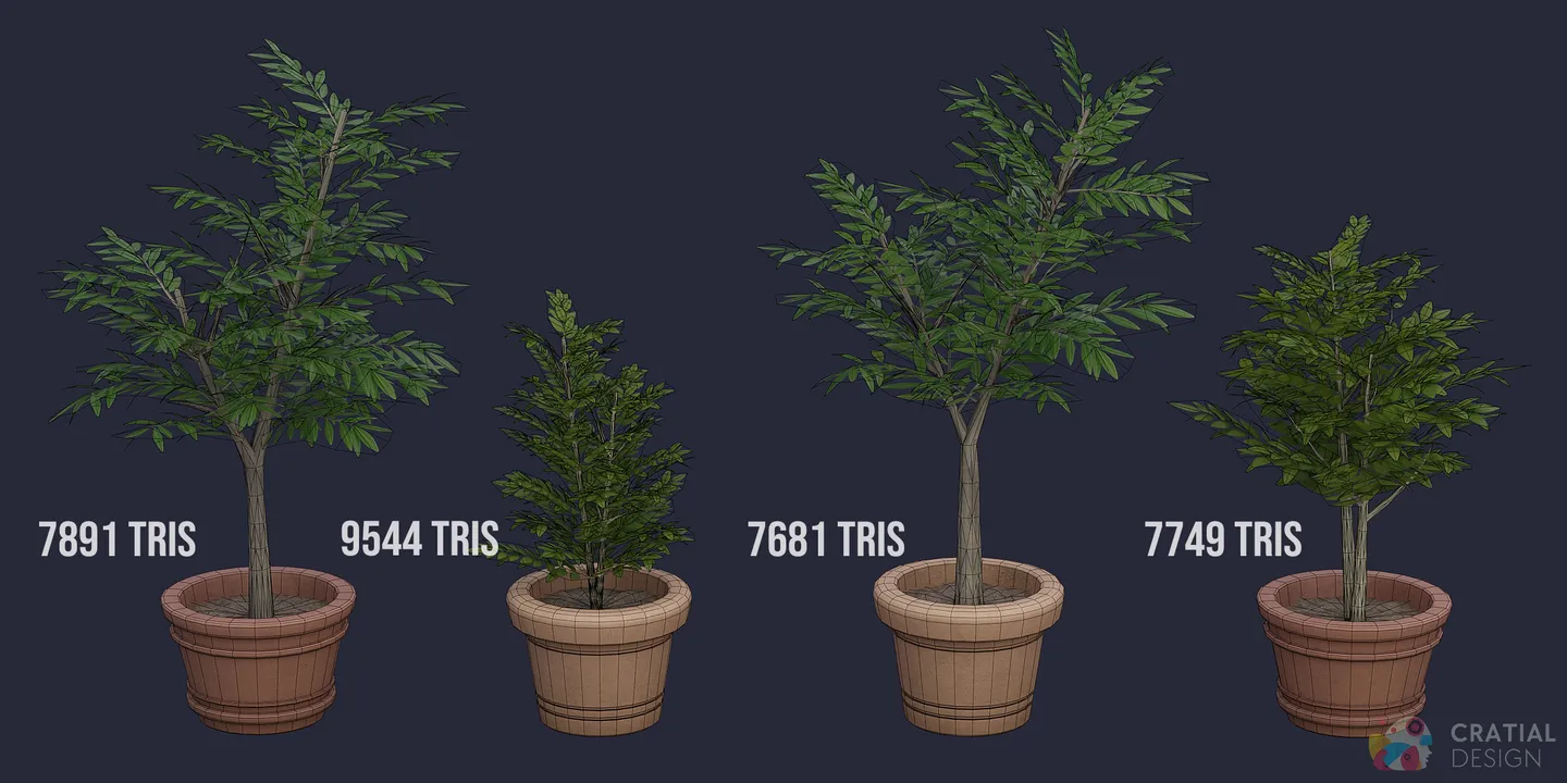 Stylized potted olive and bay laurel trees shown with wireframe topology.