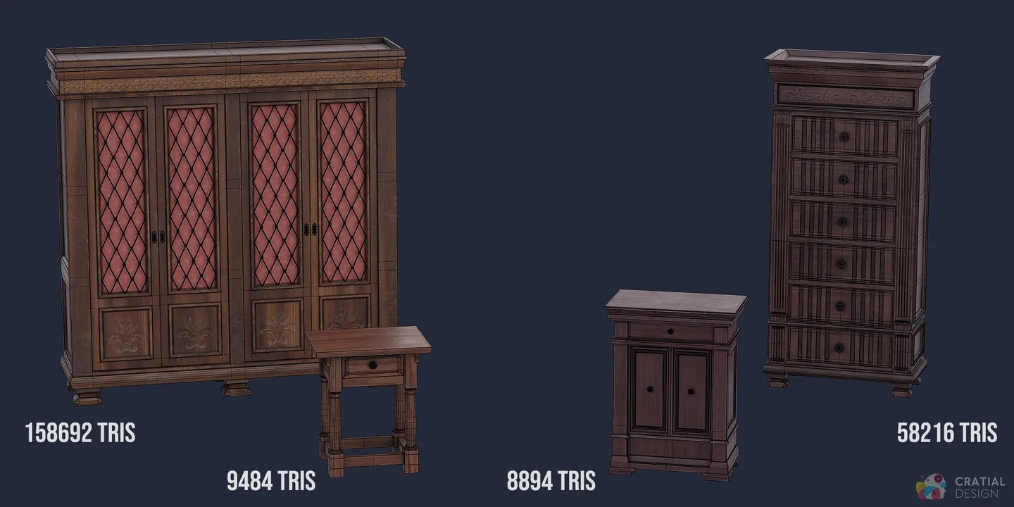 Renaissance bookcase and end table shown with wireframe topology.