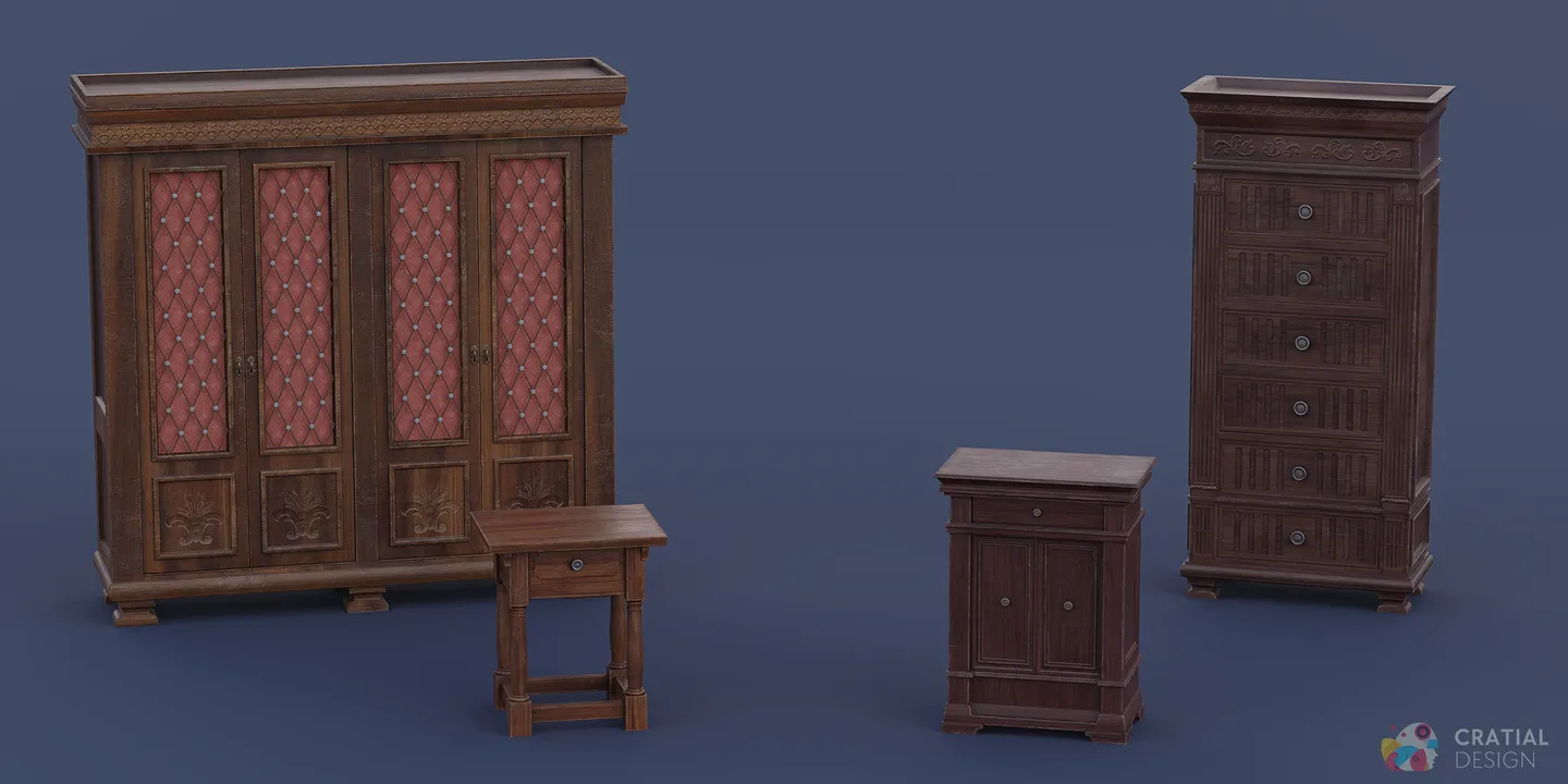 Carved wooden Renaissance bookcase and matching end table.