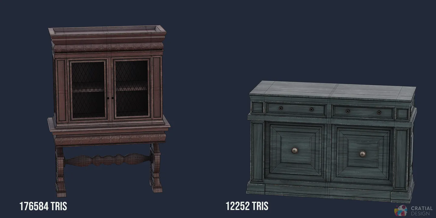 Renaissance cabinet and commode shown with wireframe topology.