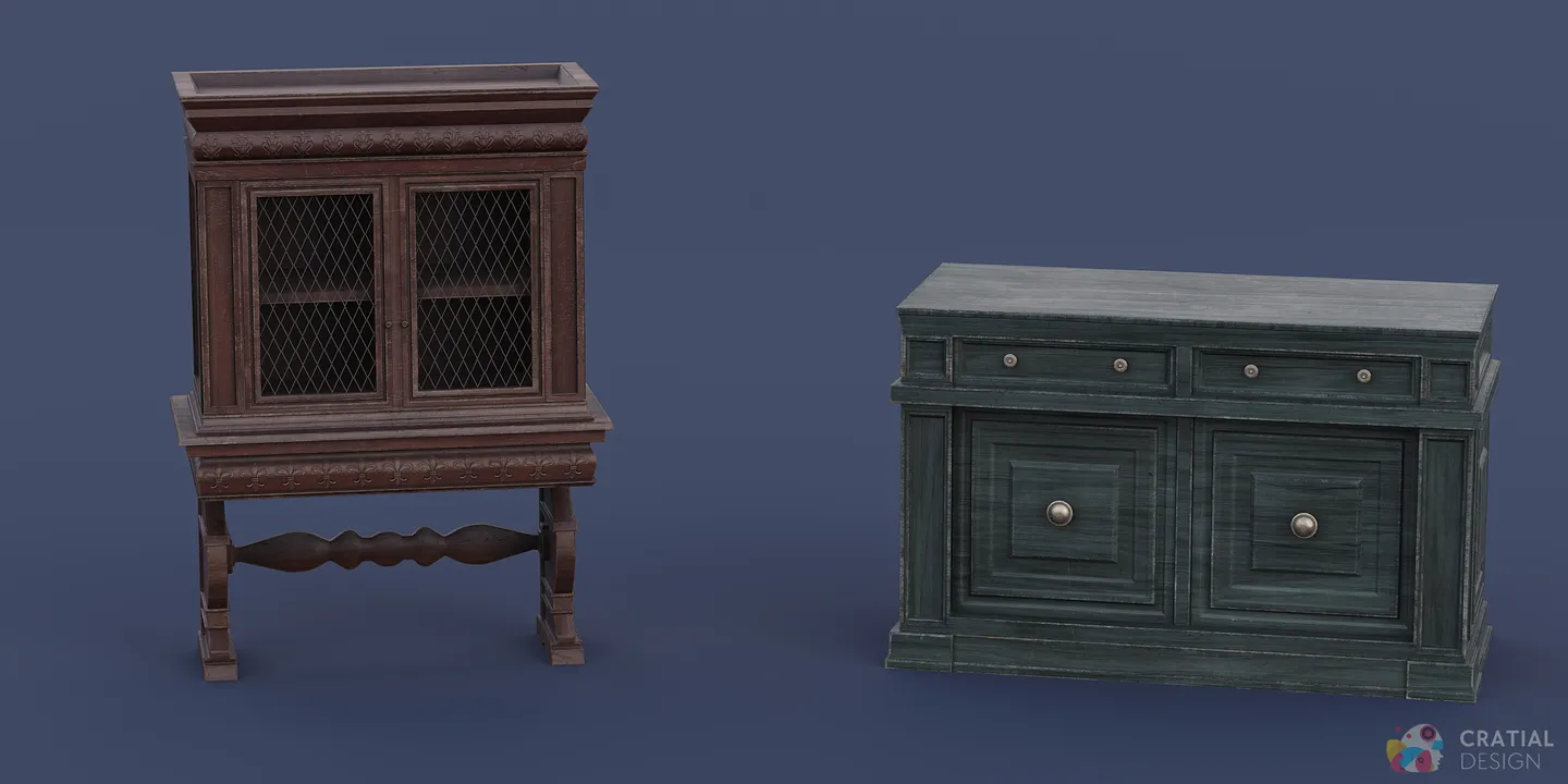 Italian-inspired wooden cabinet and commode with carved details.