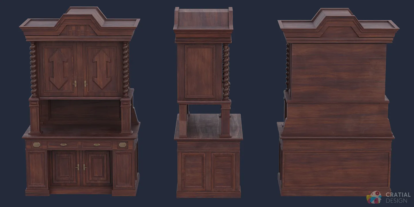 Multiple views of a carved Renaissance wooden cabinet.