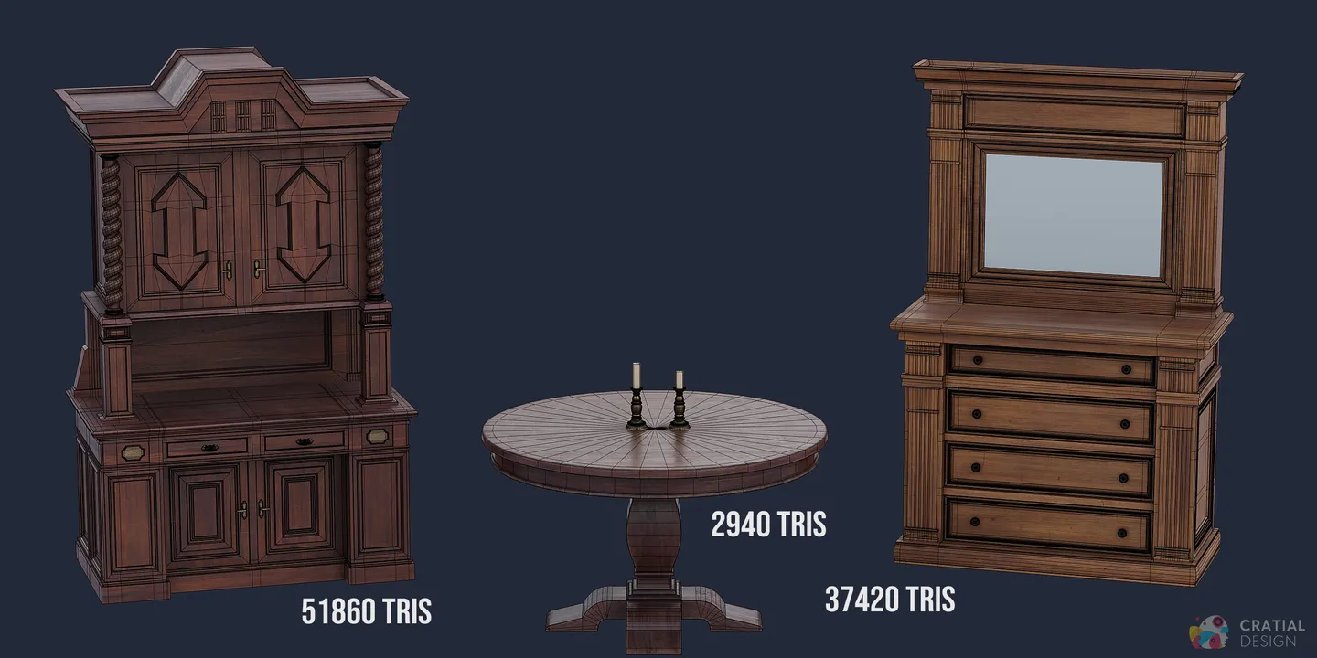 Renaissance cabinets and dining table shown with wireframe topology.