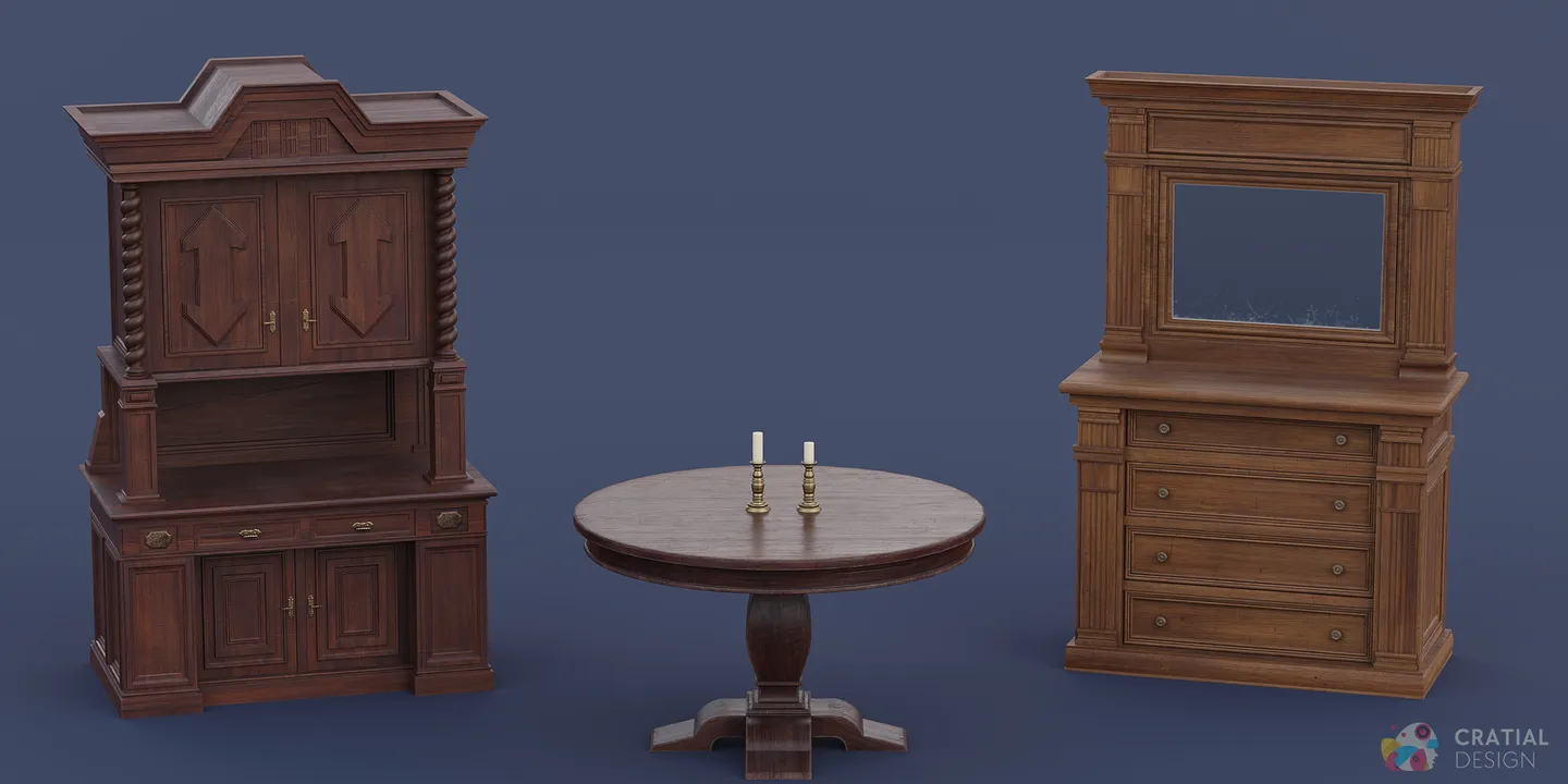 Renaissance cabinets arranged with a round wooden dining table.