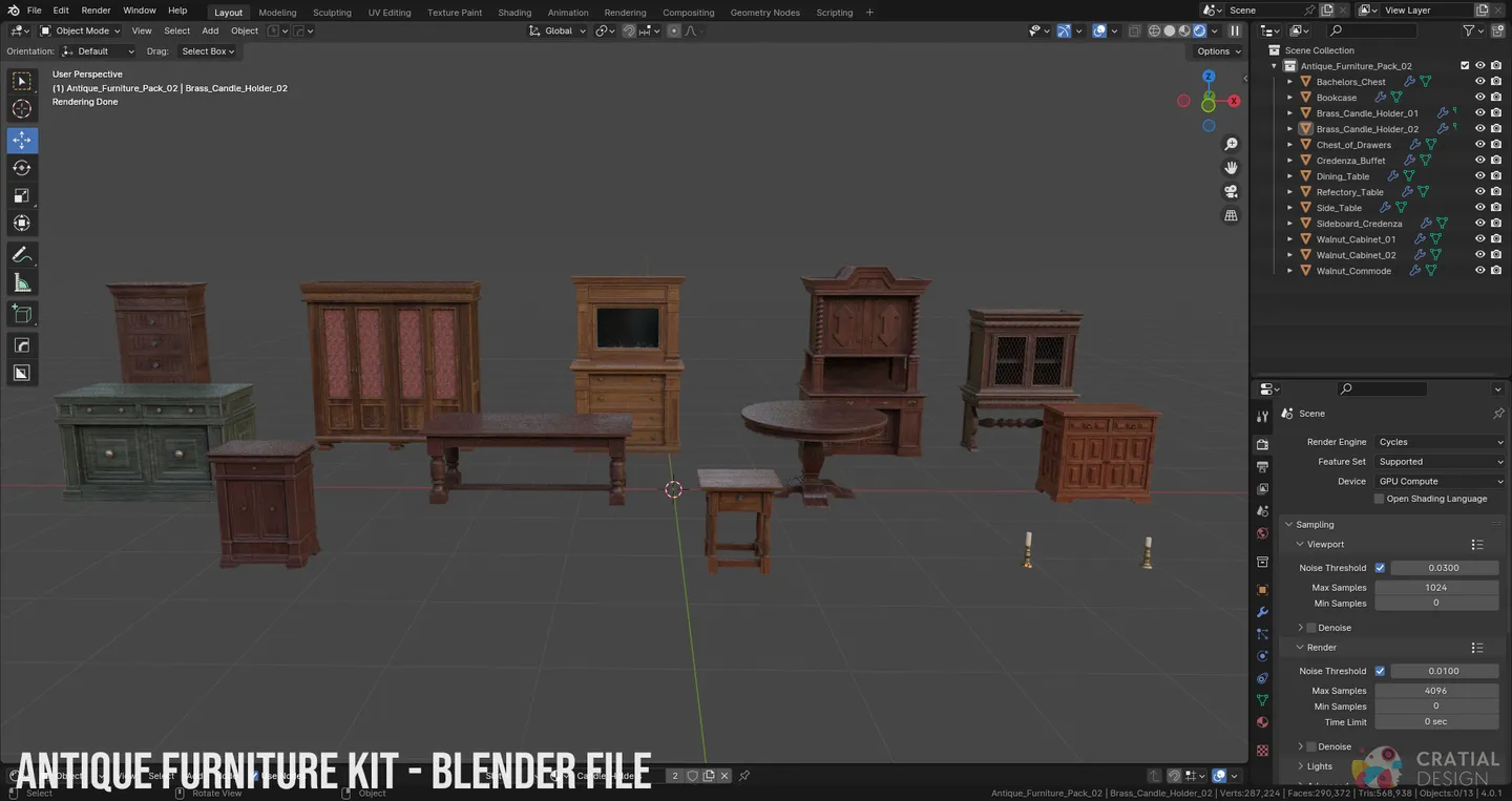 Blender interface showing the Renaissance furniture models and materials.