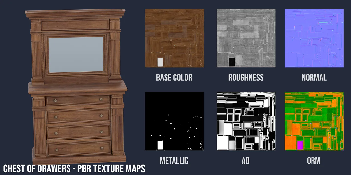 Renaissance furniture materials shown beside labeled PBR texture maps.