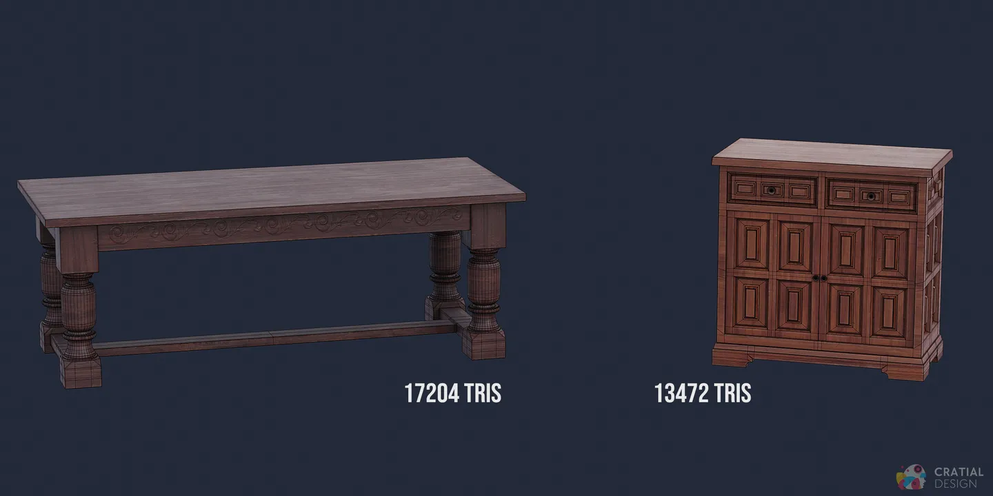 Renaissance table and cabinet models shown with wireframe topology.