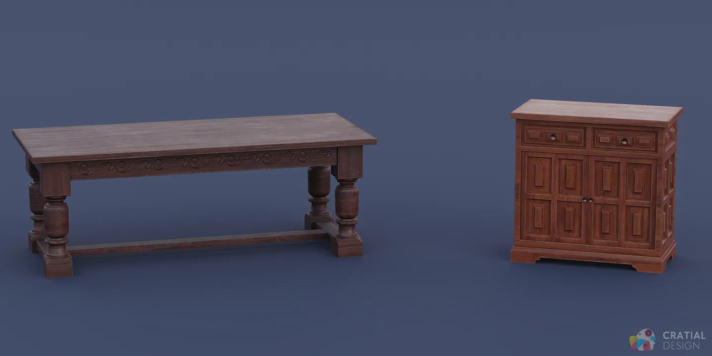 Carved wooden table, cabinet, and small storage pieces from the antique furniture kit.