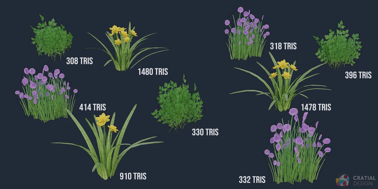 Chive and narcissus plants shown with wireframe topology overlays.