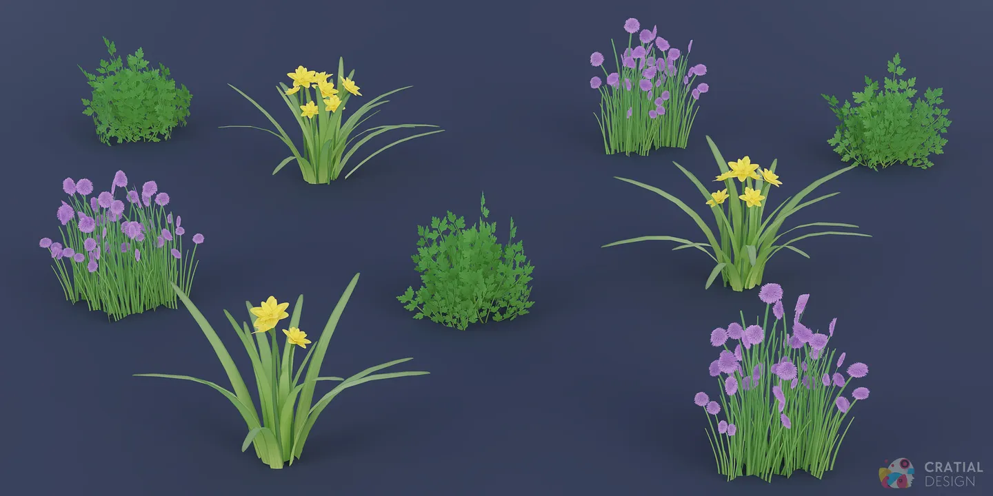 Purple chive flowers and yellow narcissus plant variations arranged together.