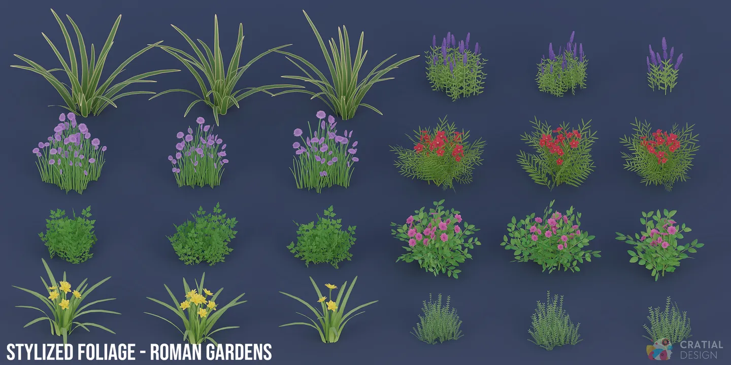 Stylized flowering plants and shrubs from the Roman garden collection.
