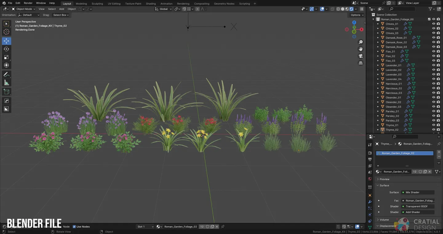 Blender interface showing the complete Roman garden foliage collection arranged in the included scene.