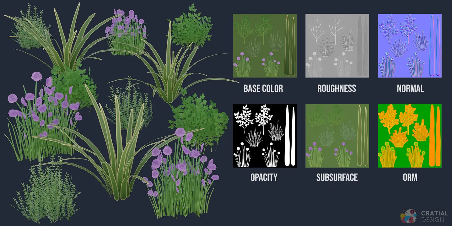 Stylized garden herbs shown beside labeled PBR texture-map examples.