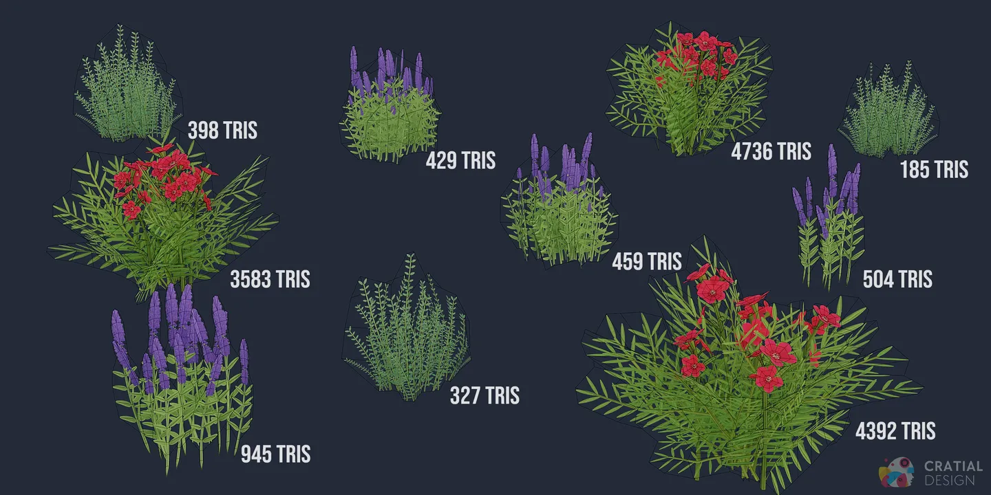 Lavender and herb plants shown with wireframe topology overlays.