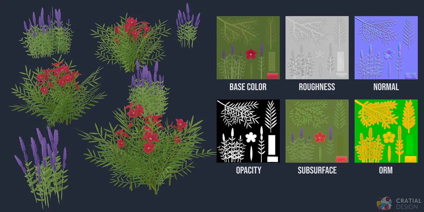 Lavender plants shown beside labeled PBR texture maps.