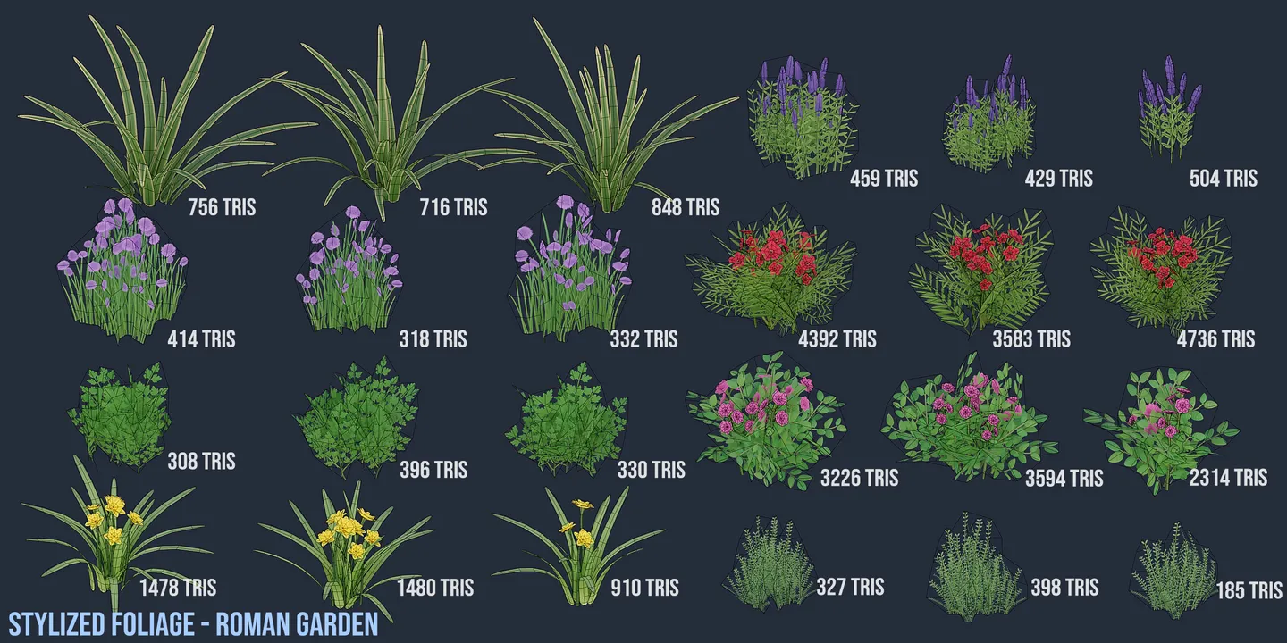 Complete Roman garden plant collection shown with wireframe topology overlays.