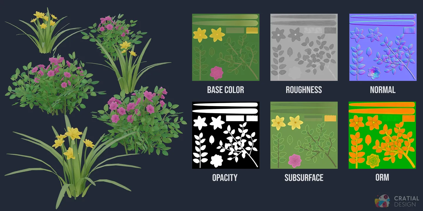 Rose and narcissus plants shown with their labeled PBR texture maps.