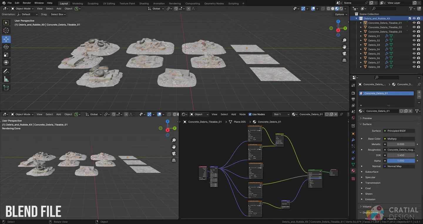 Blender interface showing eight rubble piles and three tileable debris materials.