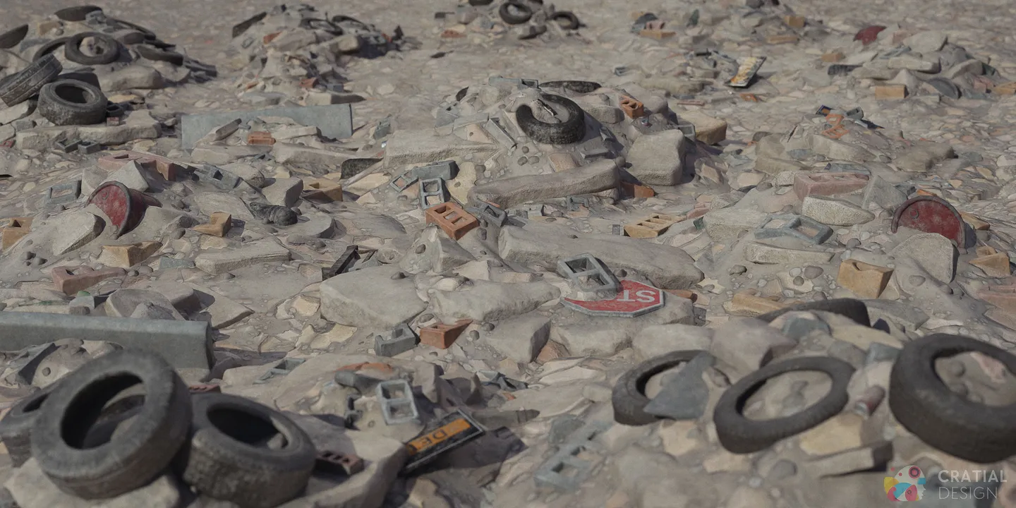 Multiple rubble piles blended across a large tileable debris surface.