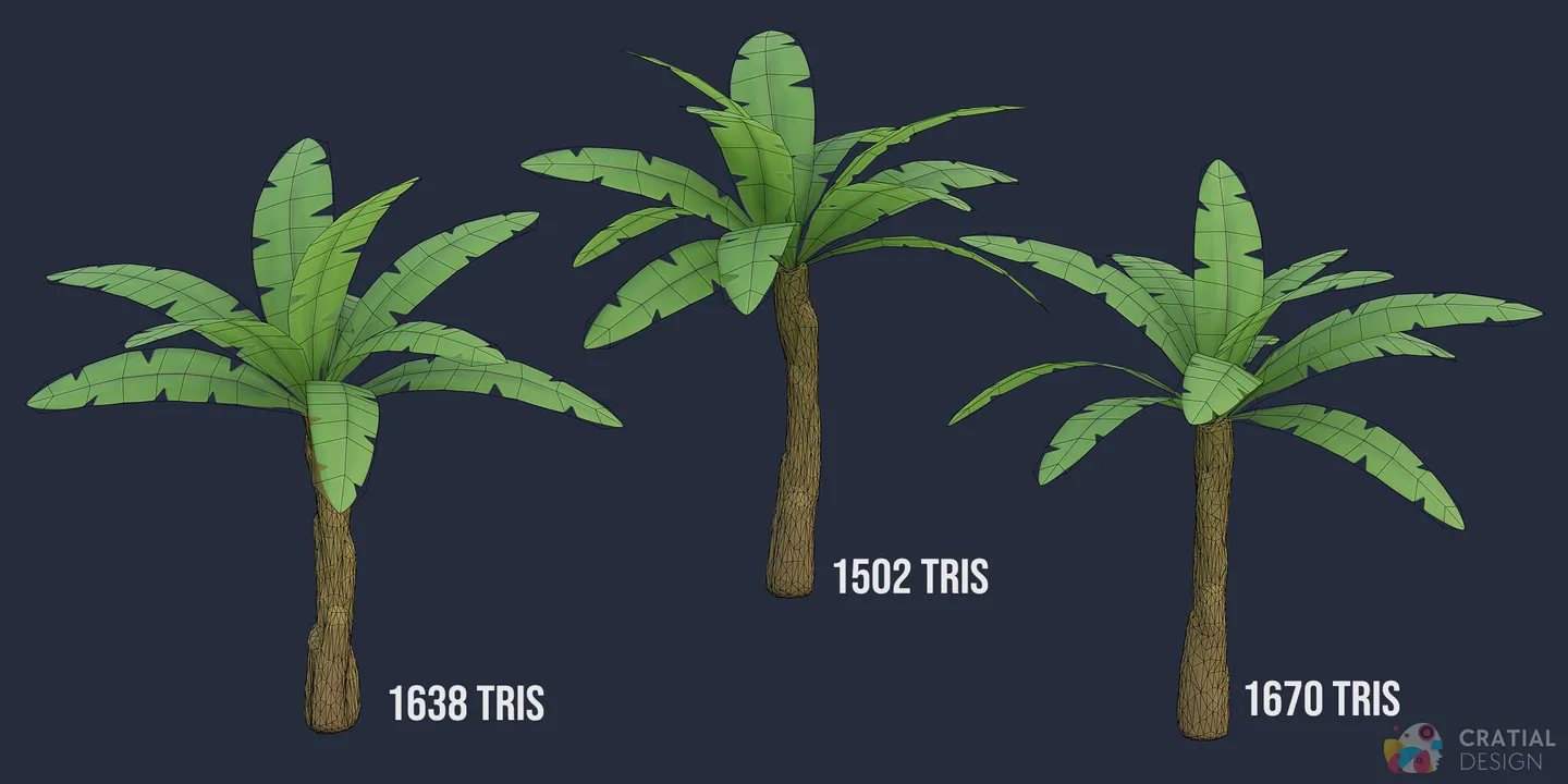 Stylized banana tree models shown with wireframe topology overlays.