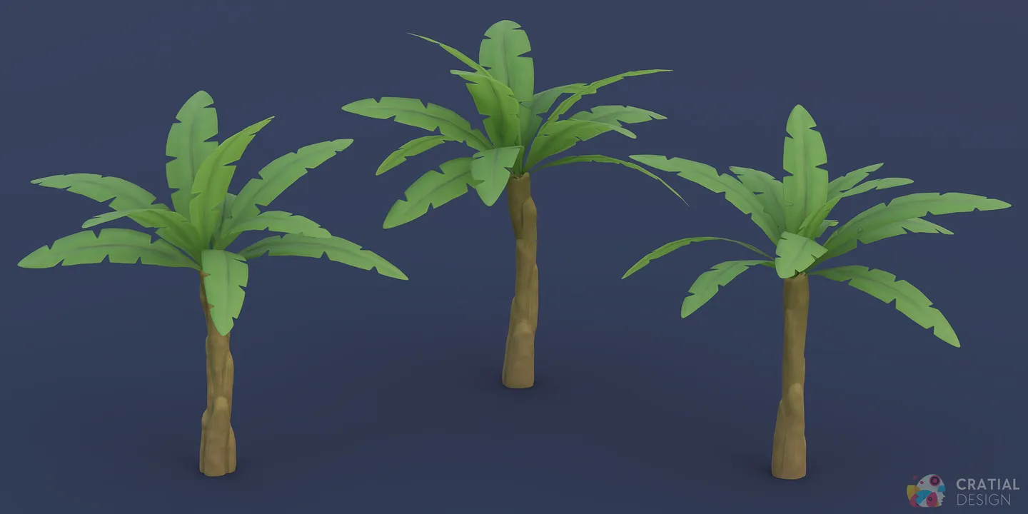 Three stylized banana tree models with different heights and leaf arrangements.