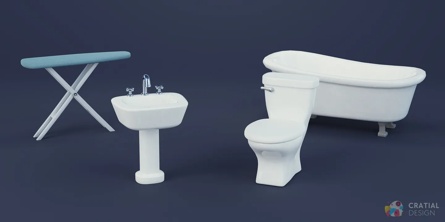 Stylized bathtub, toilet, and bathroom sink arranged together.