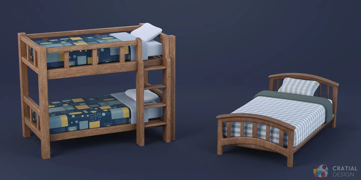 Stylized single, double, and bunk bed models arranged together.