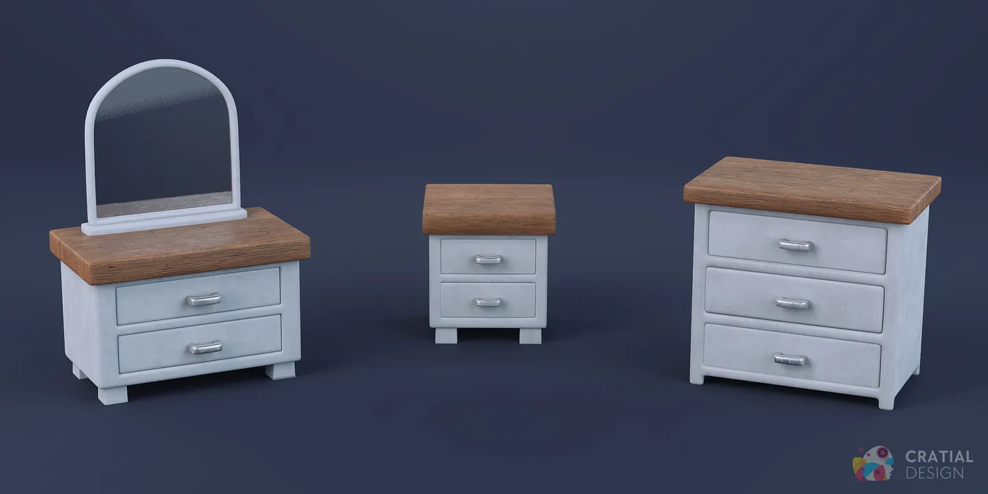 Stylized bedroom furniture including a bed, dresser, shelving, lamp, and small tables.