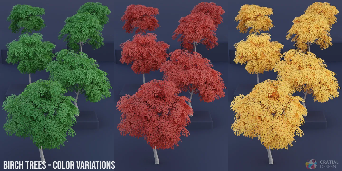 Stylized birch trees shown with green, yellow, and red leaf color options.
