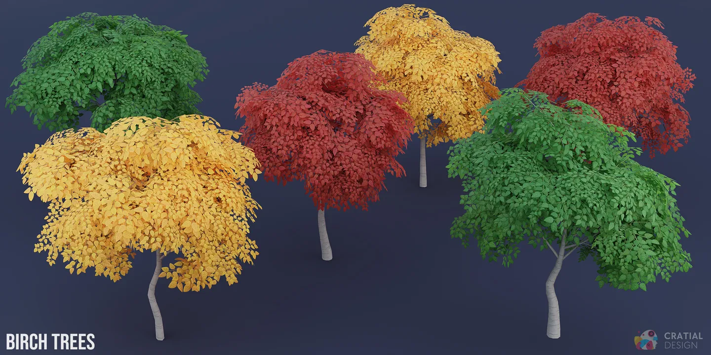 Six stylized birch tree variations with different canopy shapes and green, yellow, and red leaves.