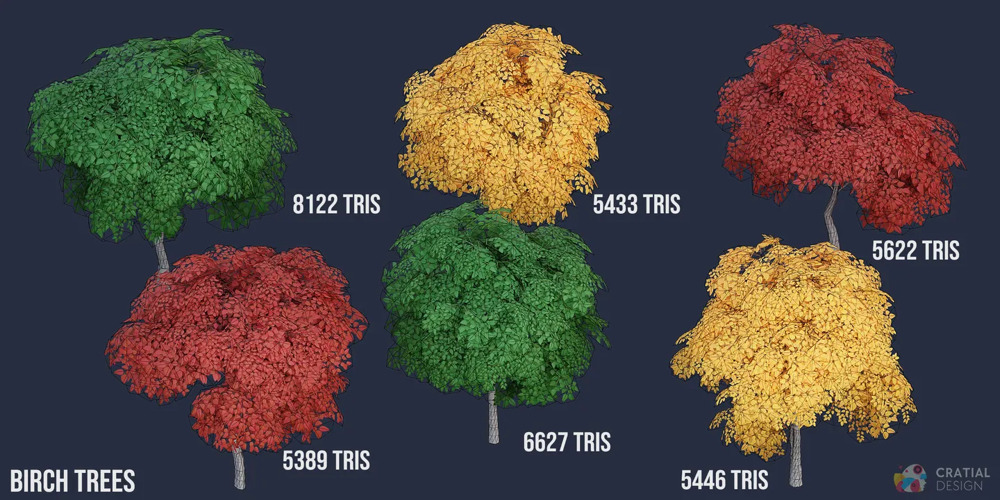 Six stylized birch tree models shown with wireframe topology overlays.